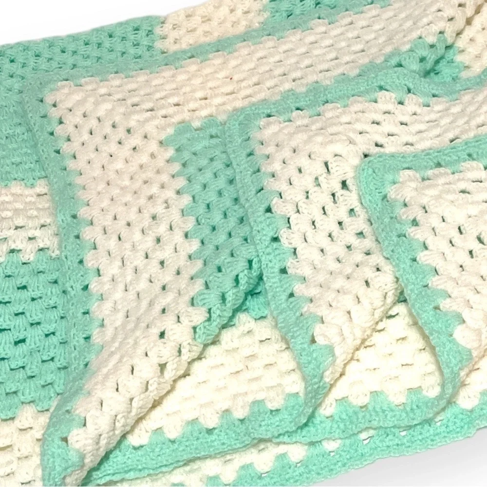 Handmade Crocheted Baby Blanket 40x40 Mint‎ Green White Cream Afghan